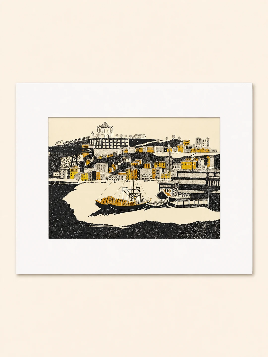 Presentation image of Gaspar Silva art print “Rabelo Boats at Ribeira”.