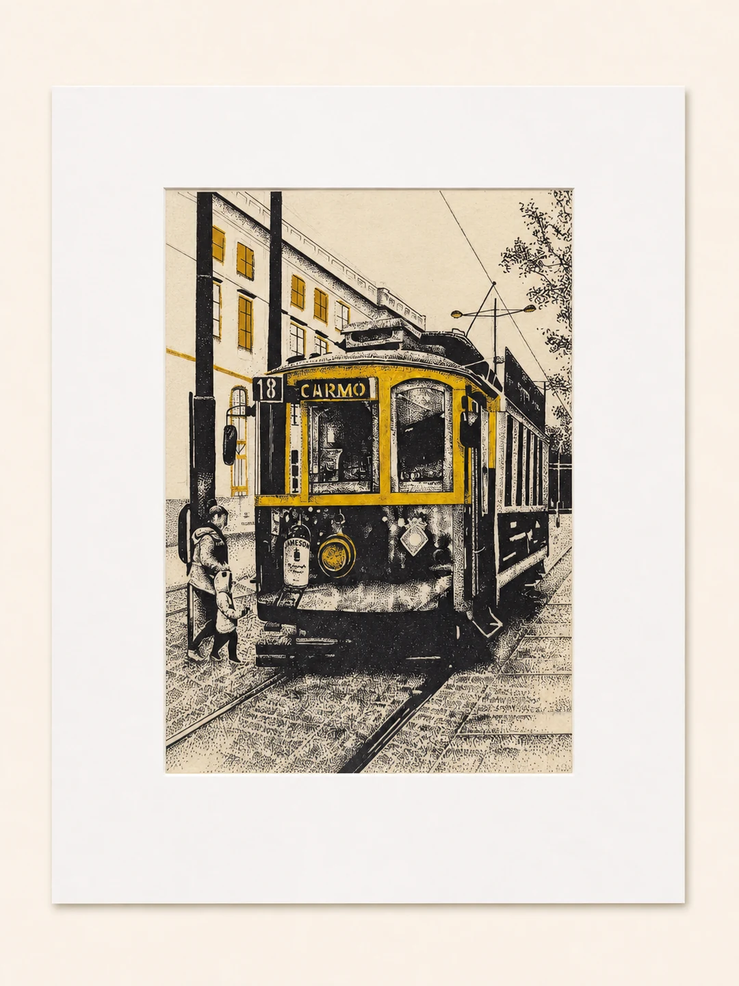 Presentation image of Gaspar Silva art print “Carmo Tram 18”.