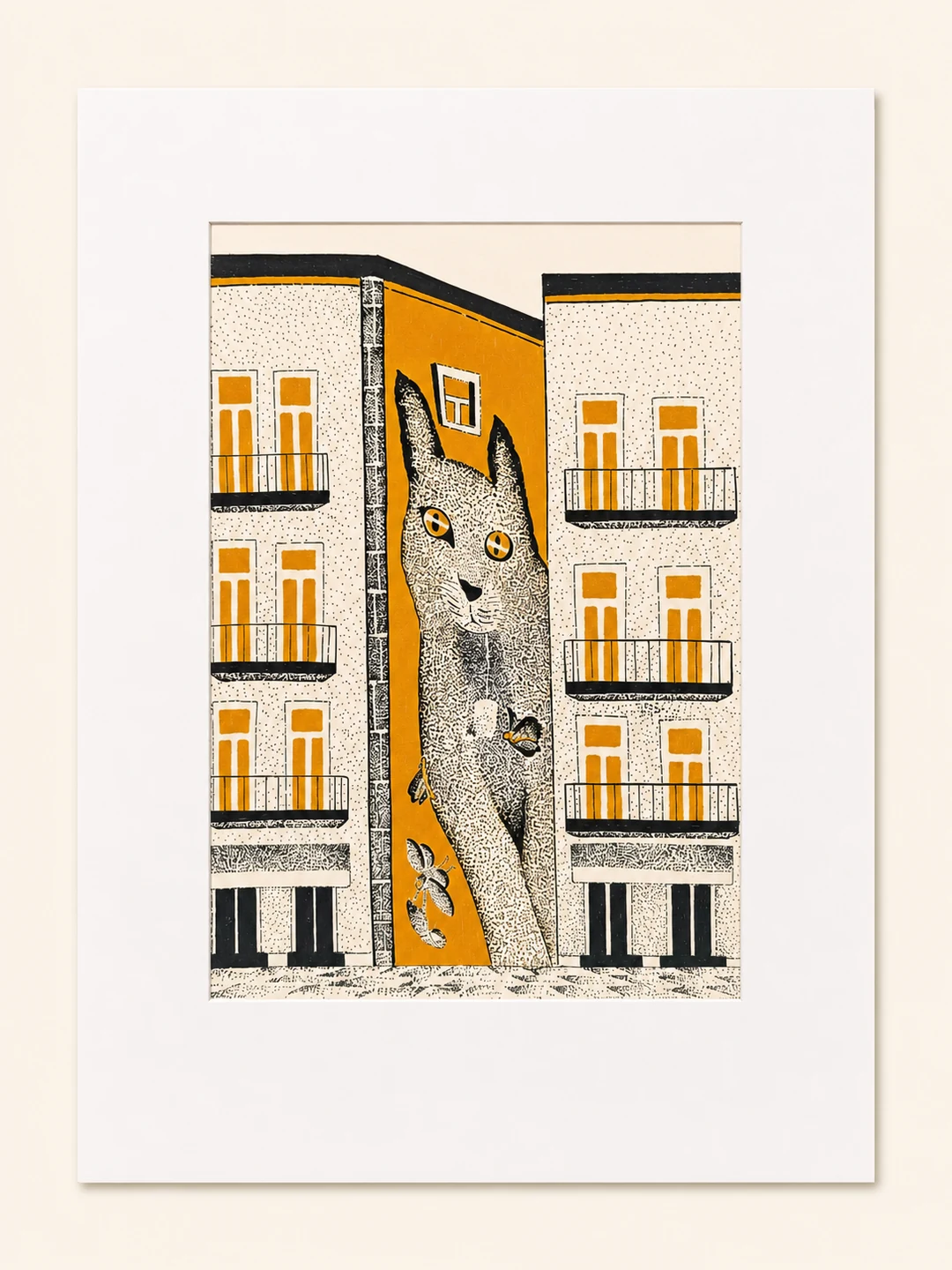 Presentation image of Gaspar Silva art print “The City Cat”.