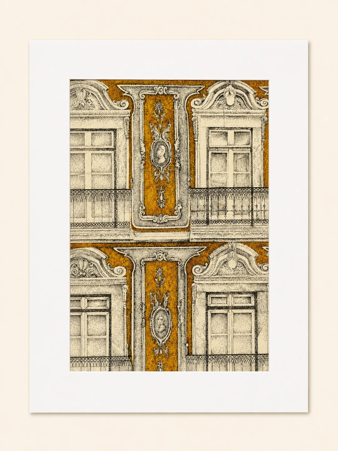 Presentation image of Gaspar Silva art print “Ochre Azulejo Facade”.