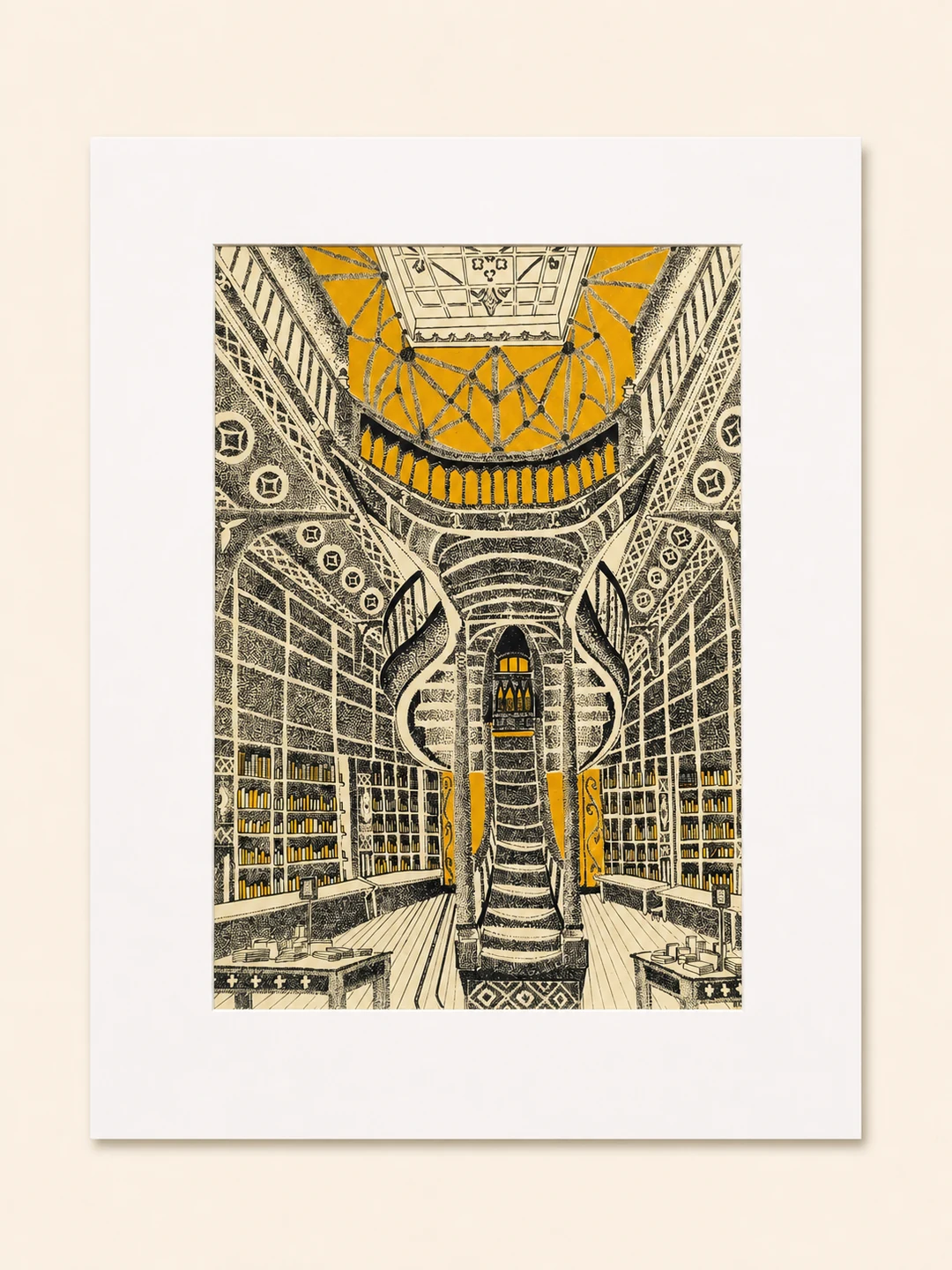 Presentation image of Gaspar Silva art print “The Bookshop Staircase”.