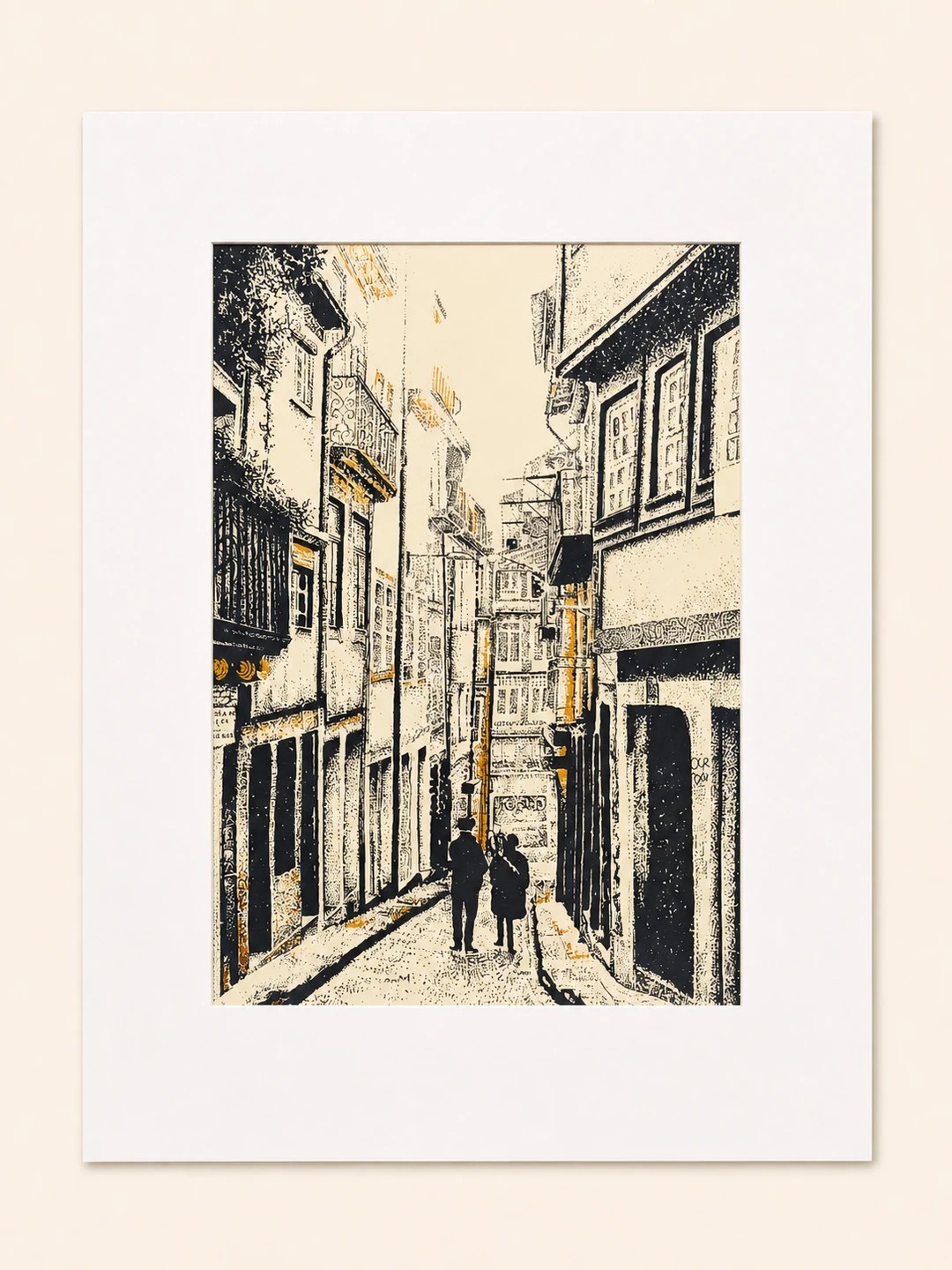 Presentation image of Gaspar Silva art print “Walk through the Old Quarter”.