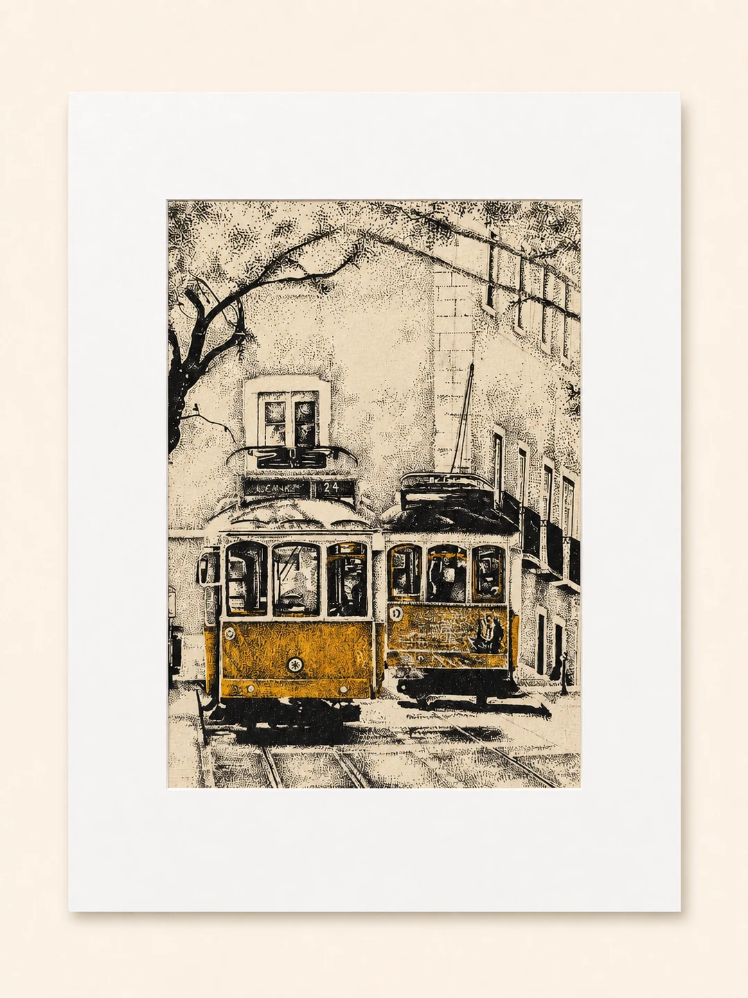Presentation image of Gaspar Silva art print “Twin Trams”.