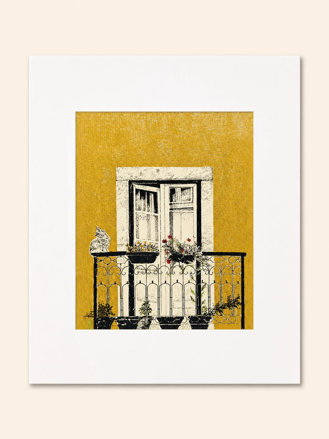 Presentation image of Gaspar Silva art print “Balcony in Yellow”.