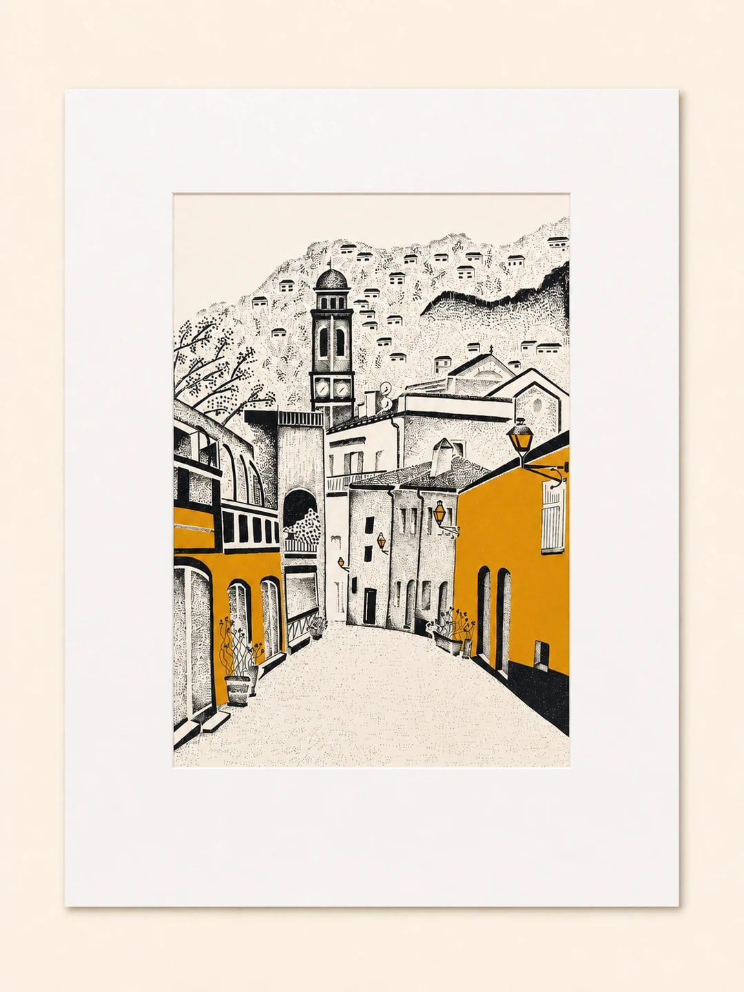 Presentation image of Gaspar Silva art print “Street to the Tower”.