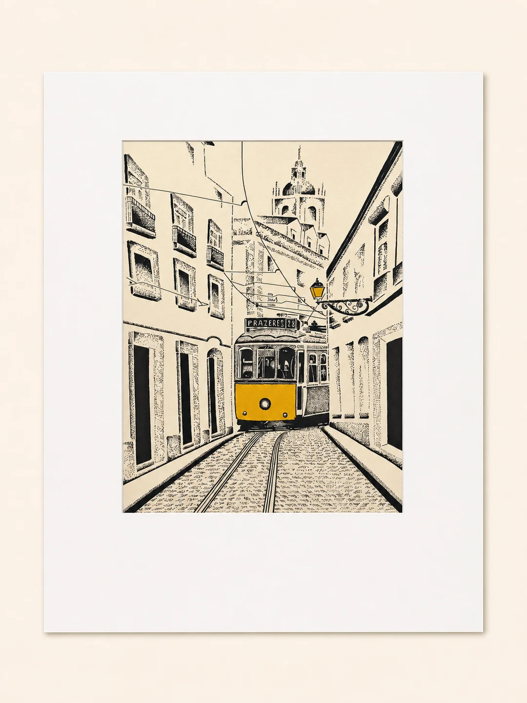 Presentation image of Gaspar Silva art print “Lisbon Tram 28 — Prazeres”.