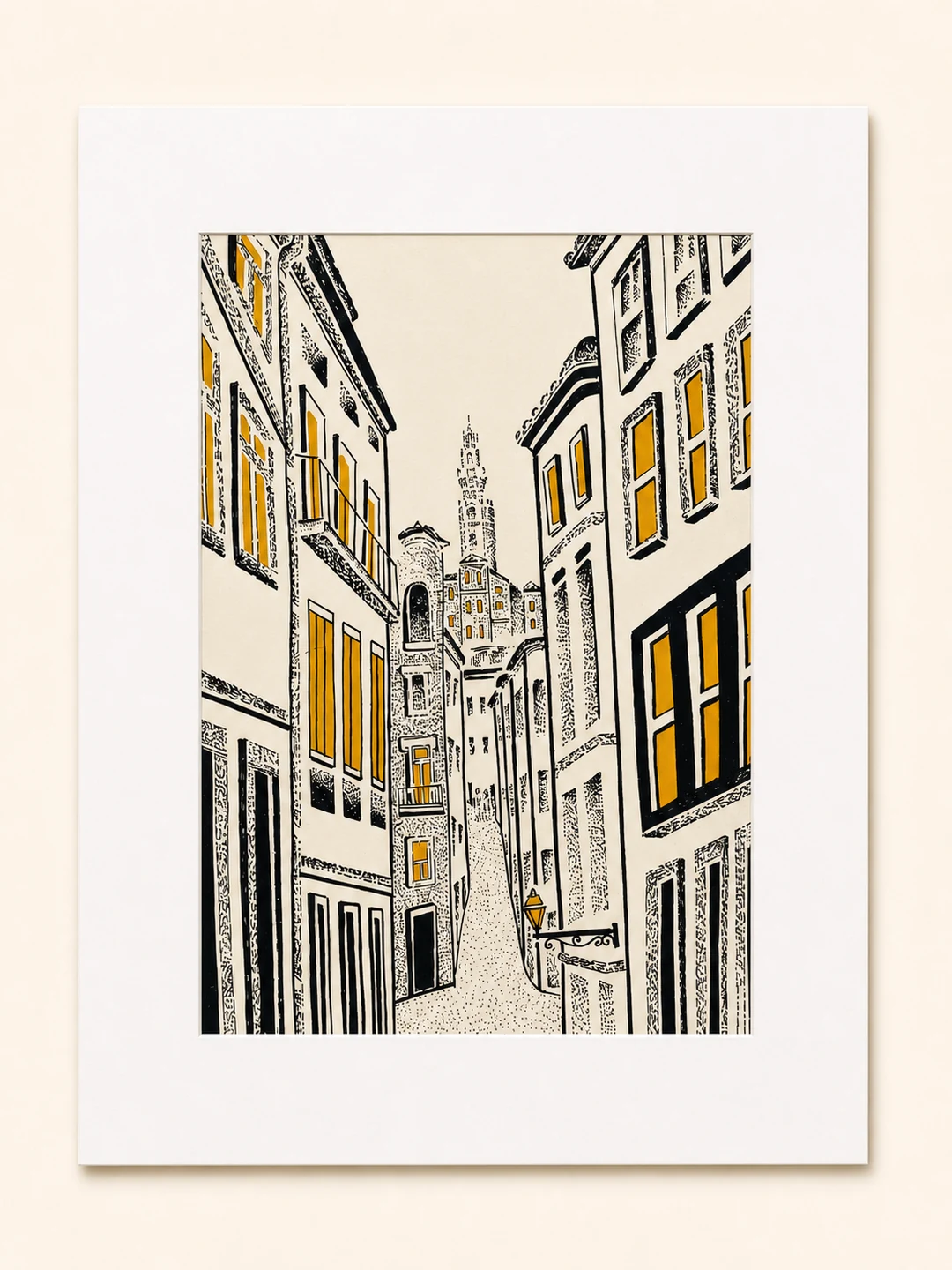 Presentation image of Gaspar Silva art print “Street to Clérigos”.