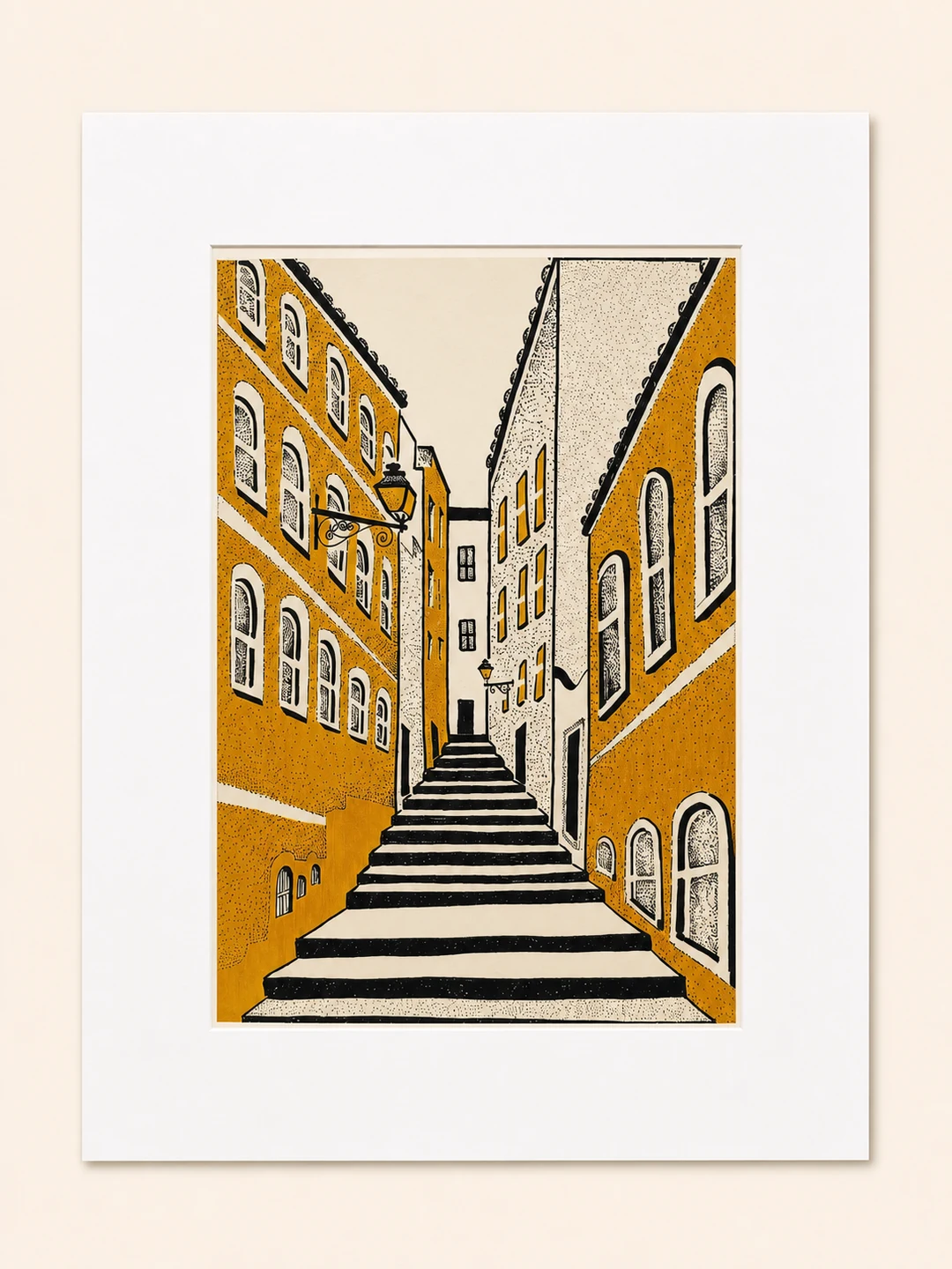 Presentation image of Gaspar Silva art print “Golden Steps”.