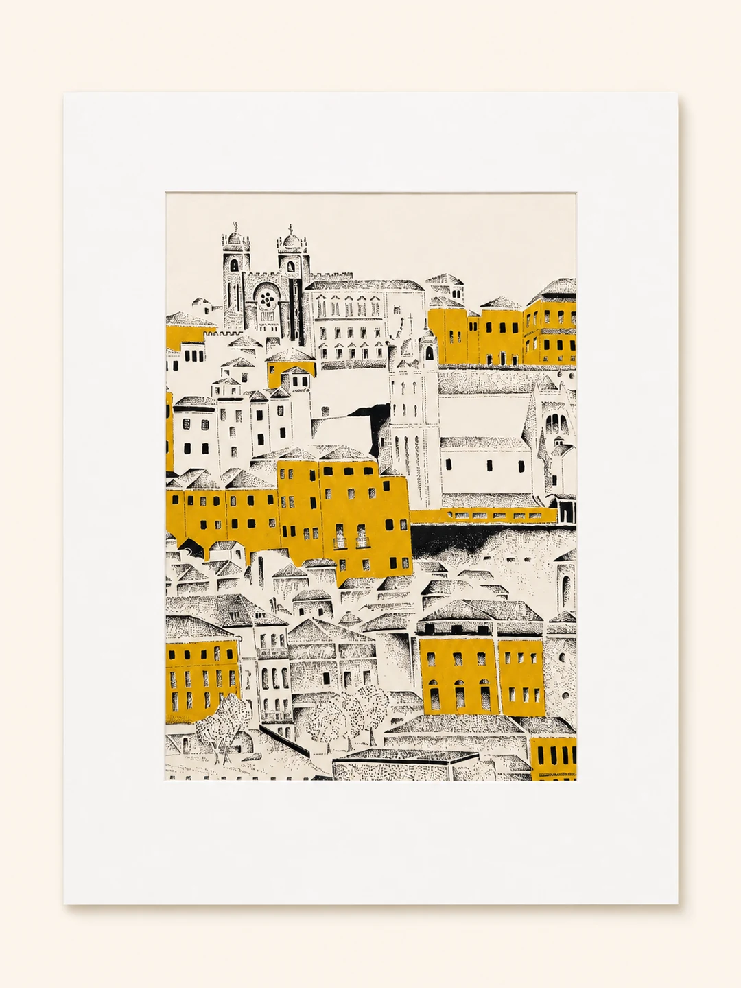 Presentation image of Gaspar Silva art print “City on the Hills”.