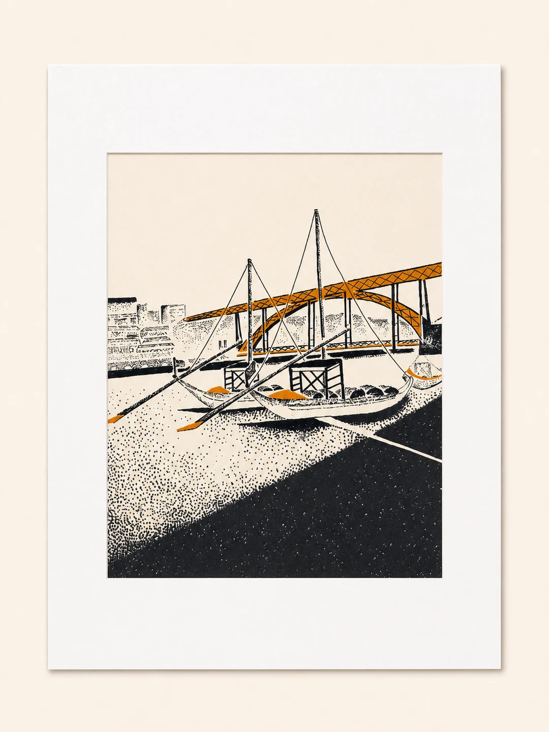 Presentation image of Gaspar Silva art print “Rabelo under the Bridge”.