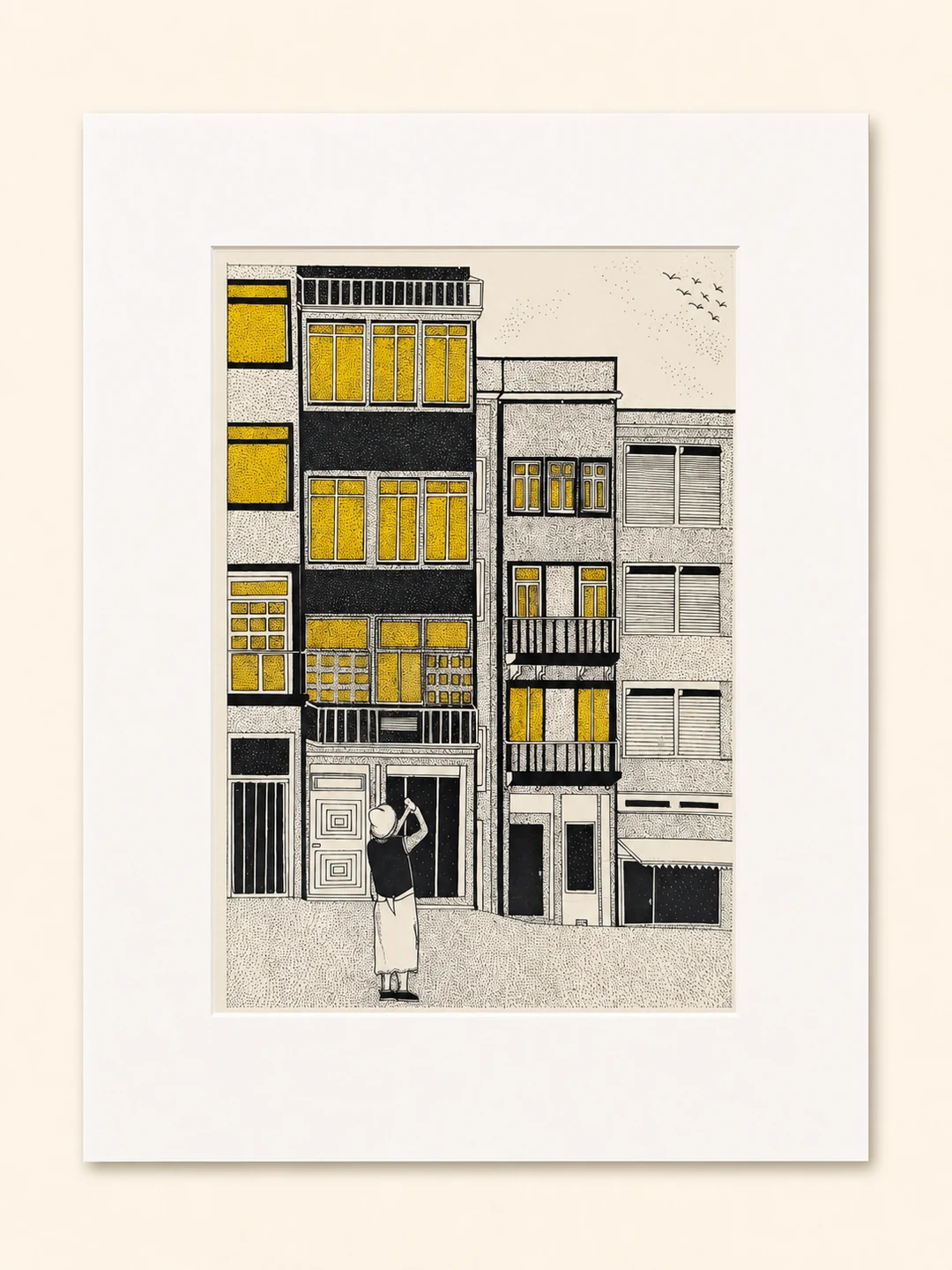 Presentation image of Gaspar Silva art print “Woman in the City”.