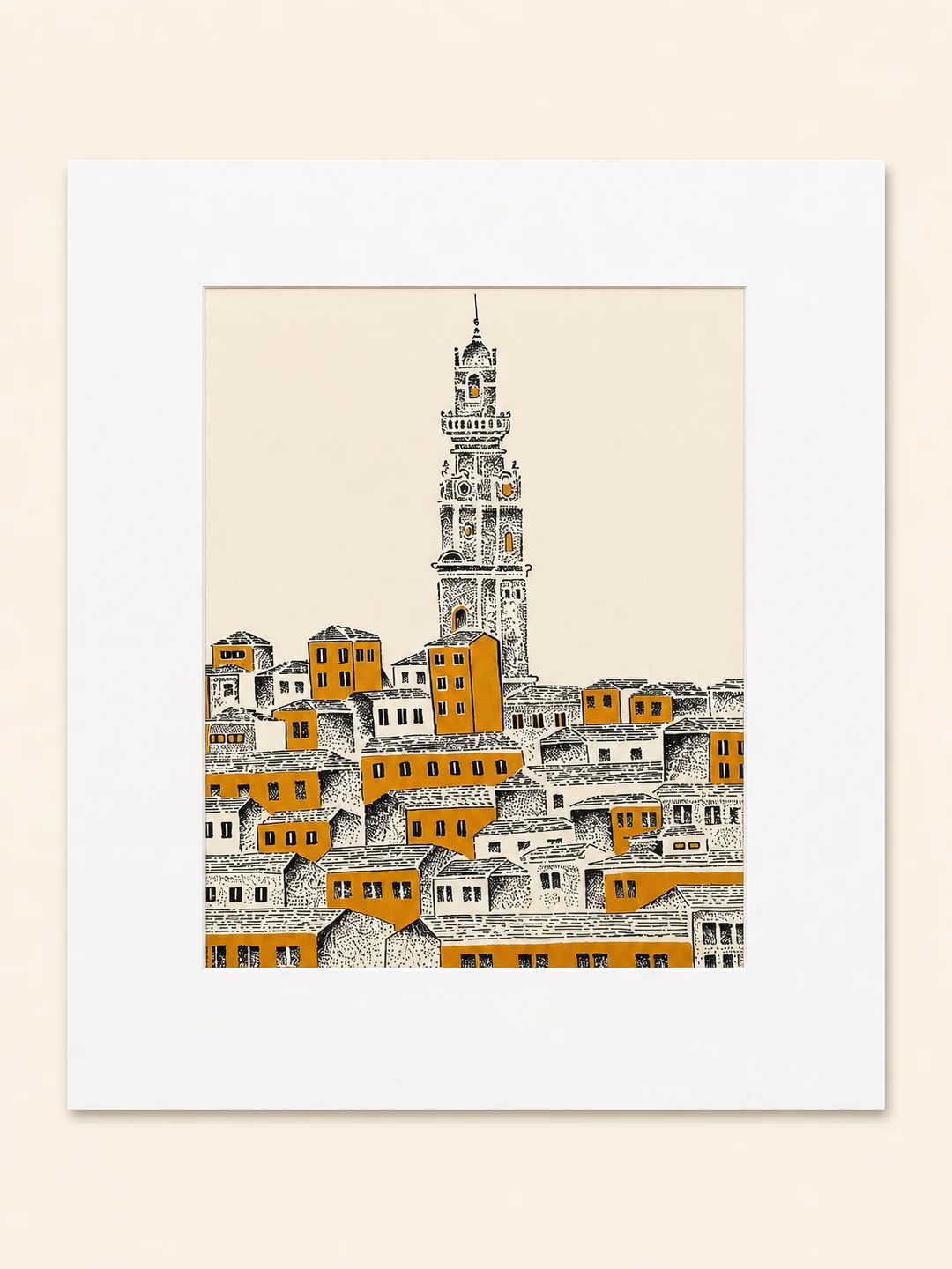 Presentation image of Gaspar Silva art print “Clérigos above the Rooftops”.