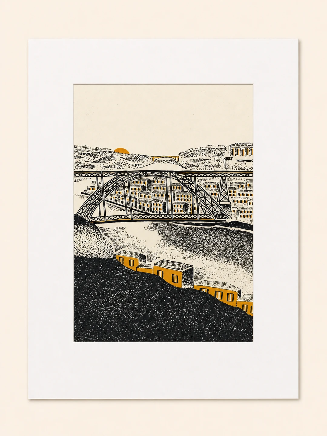 Presentation image of Gaspar Silva art print “Metro across Dom Luís I”.