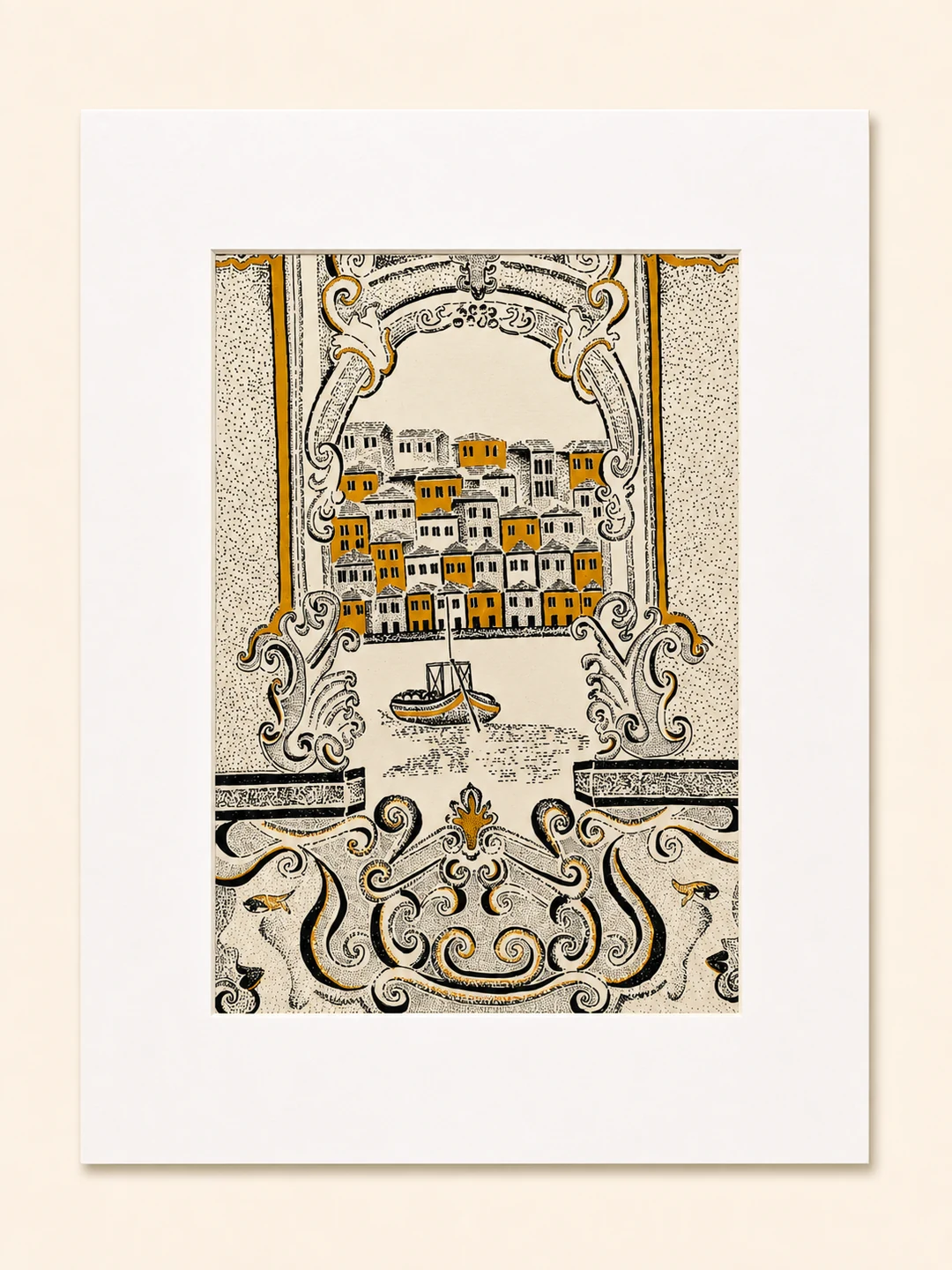 Presentation image of Gaspar Silva art print “Ribeira in an Azulejo Frame”.