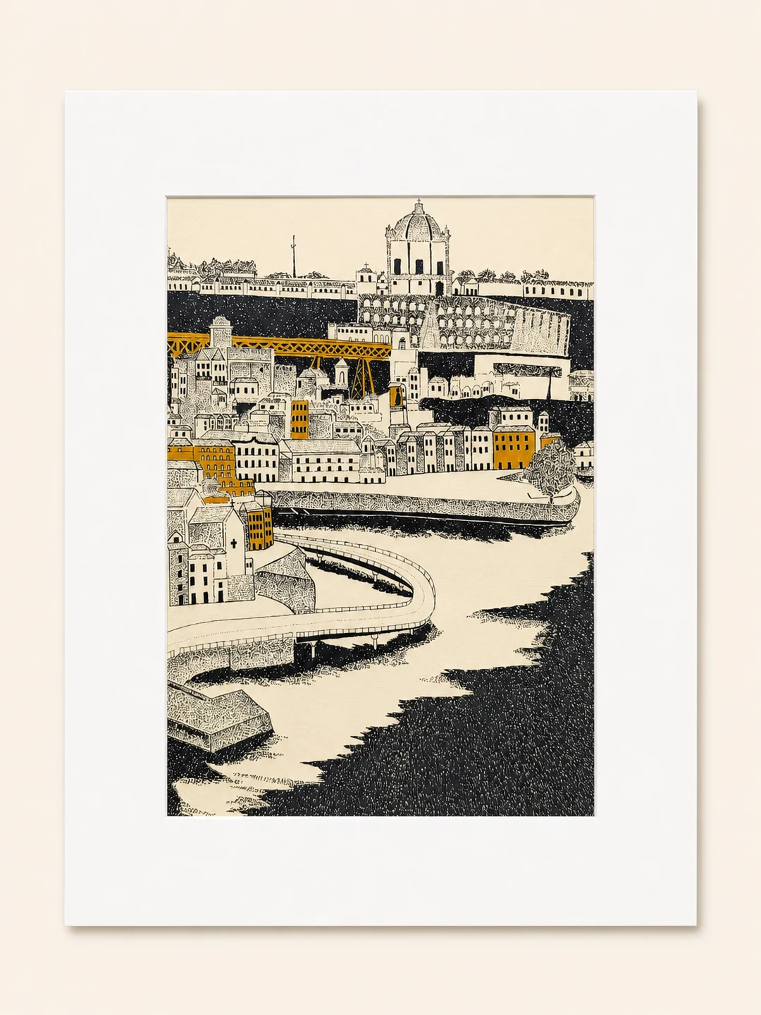 Presentation image of Gaspar Silva art print “Porto Waterfront”.