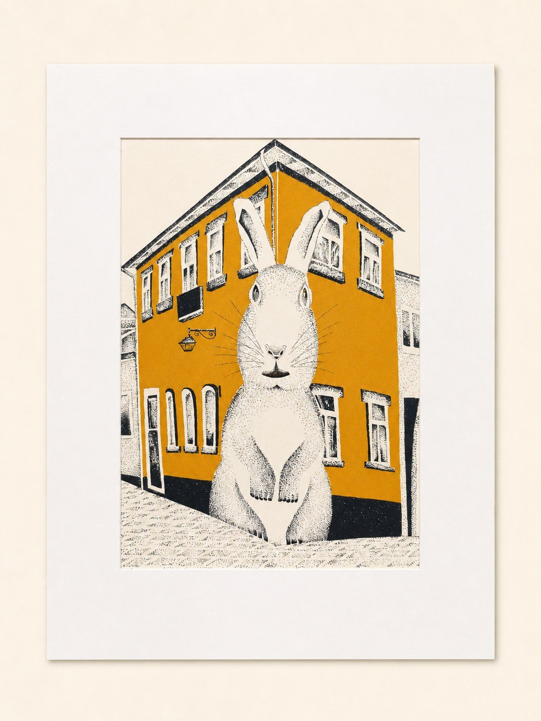 Presentation image of Gaspar Silva art print “The City Rabbit”.