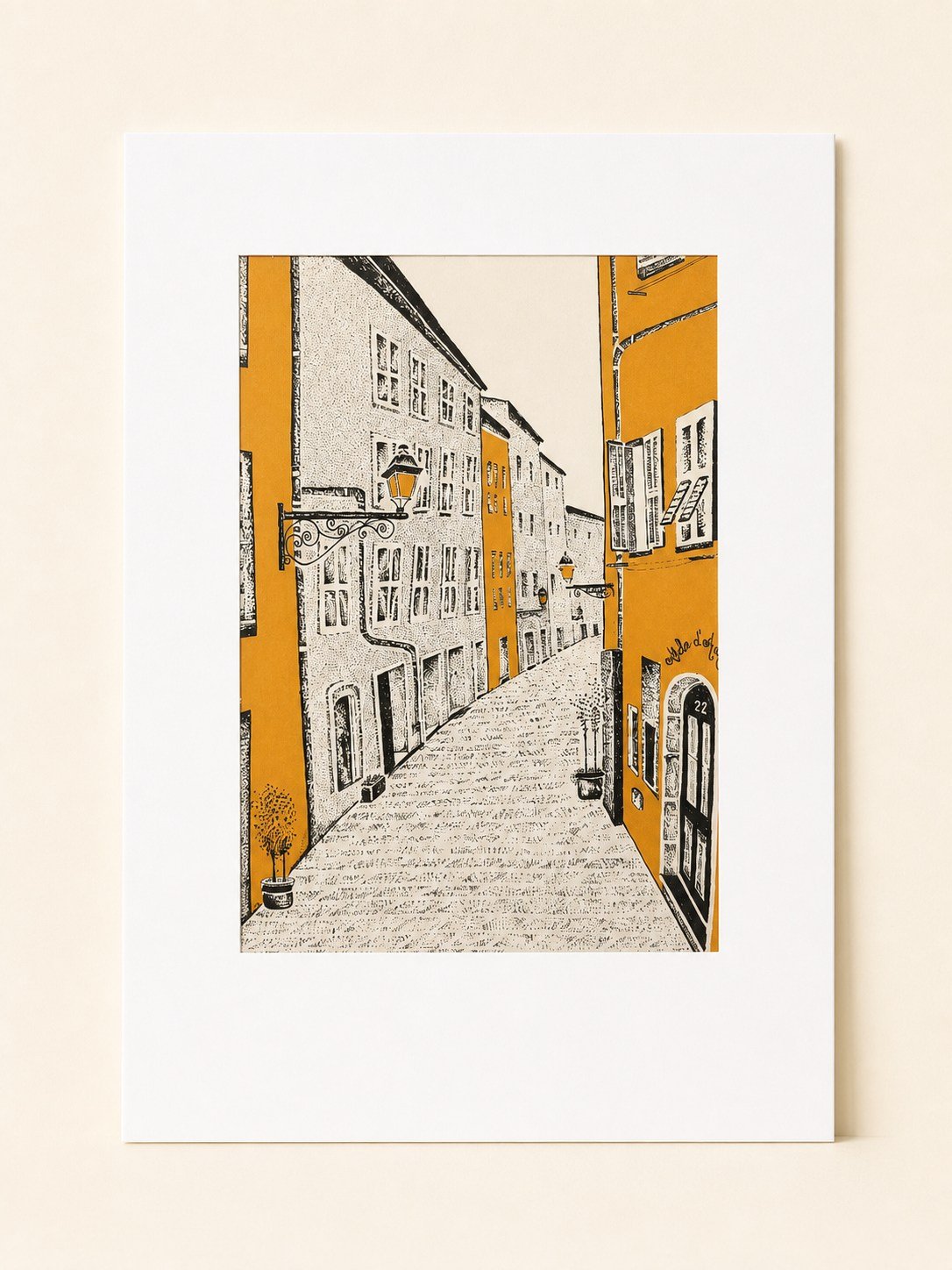 Presentation image of Gaspar Silva art print “Golden Street”.