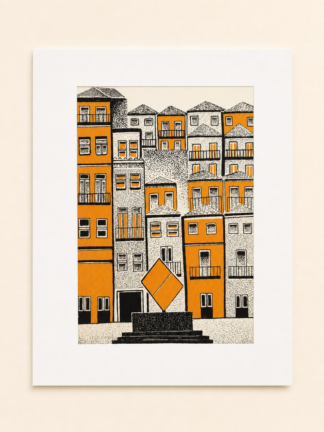 Presentation image of Gaspar Silva art print “The Ribeira Cube, Porto”.