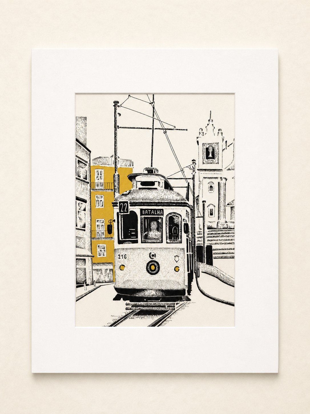 Ink illustration of Porto tram 22 framed by ochre façades.