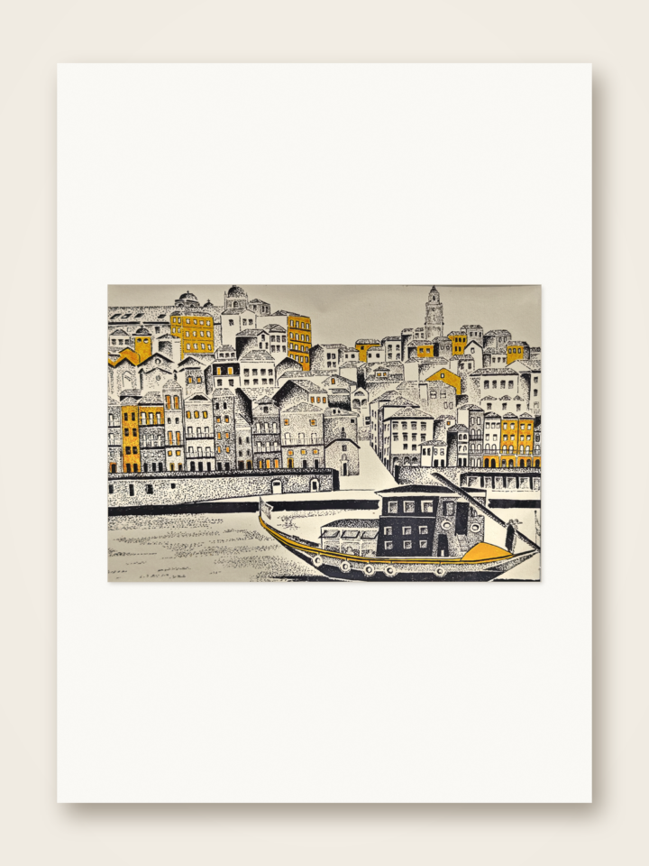 Gaspar Silva art print of a rabelo boat before Porto’s layered riverside hills.
