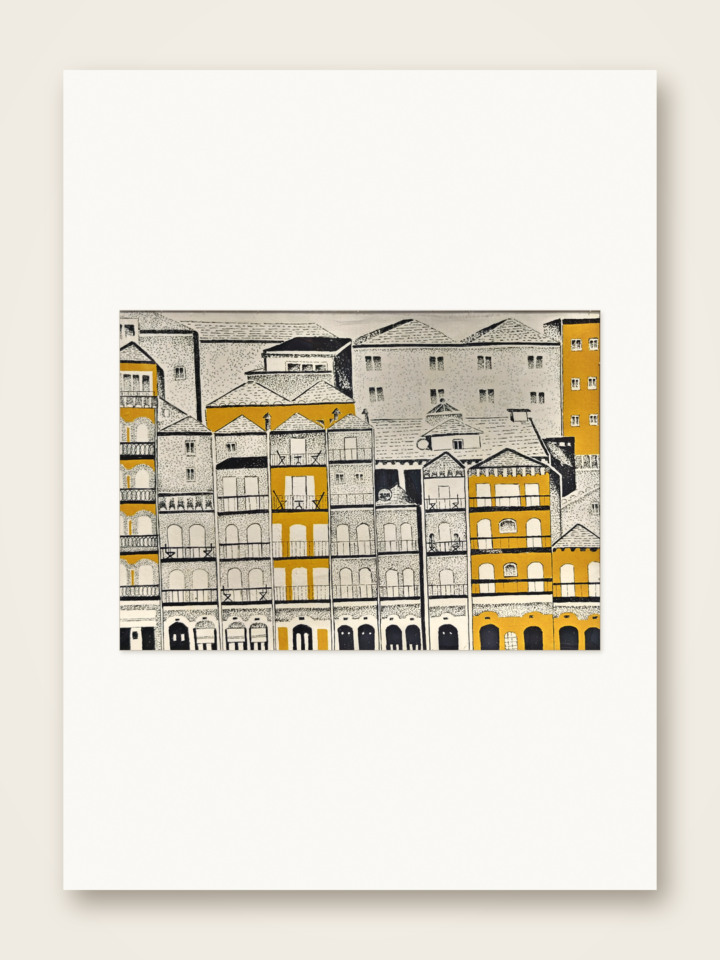 Gaspar Silva art print of Ribeira facades with balconies and golden windows.