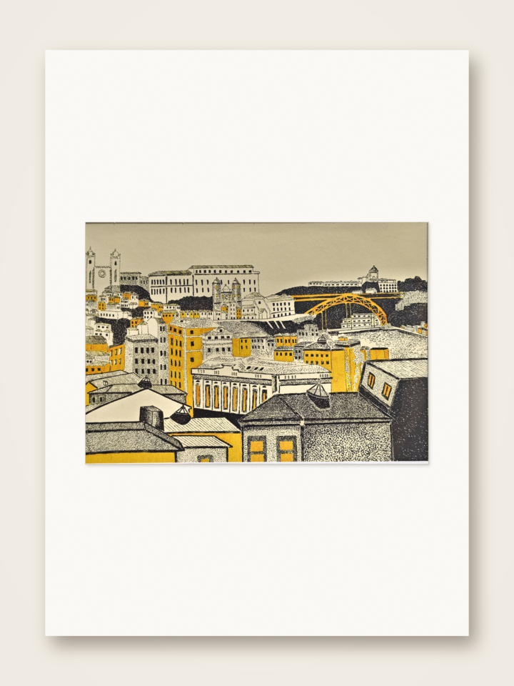 Gaspar Silva art print showing Porto’s Sé, rooftops and Dom Luís I Bridge.