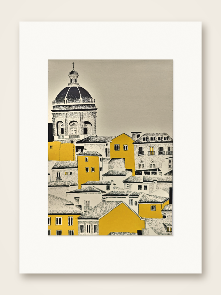 Gaspar Silva art print of a monumental dome above layered Portuguese rooftops.