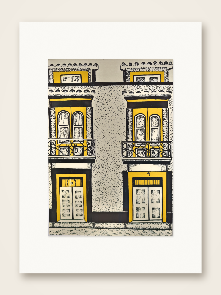 Gaspar Silva art print of two matching facades with iron balconies and golden doors.