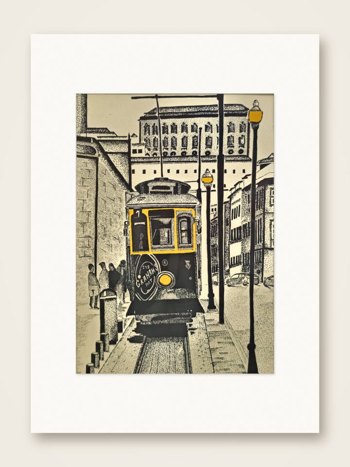 Gaspar Silva art print of Porto tram 1 on a city street.