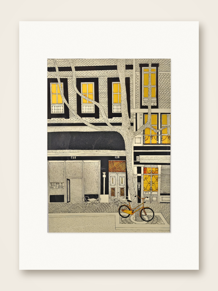 Gaspar Silva art print of a bicycle beneath a tree and golden windows.