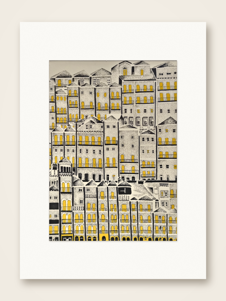 Gaspar Silva art print of densely layered hillside houses with golden windows.