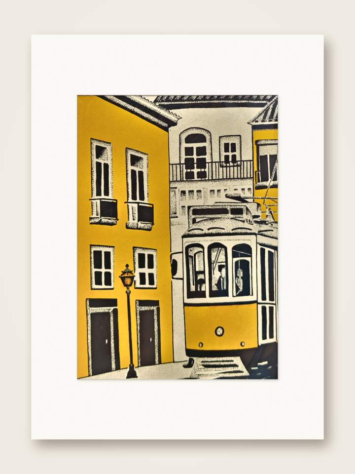 Gaspar Silva art print of a vintage tram at a golden street corner.