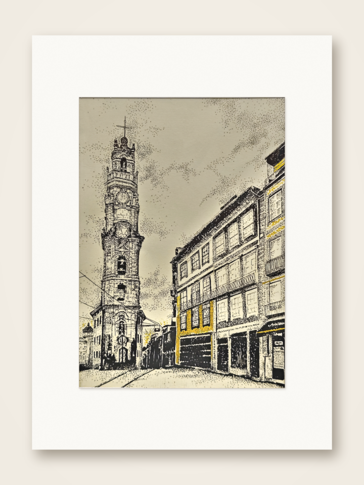 Gaspar Silva art print of Clérigos Tower beside a golden Porto facade.