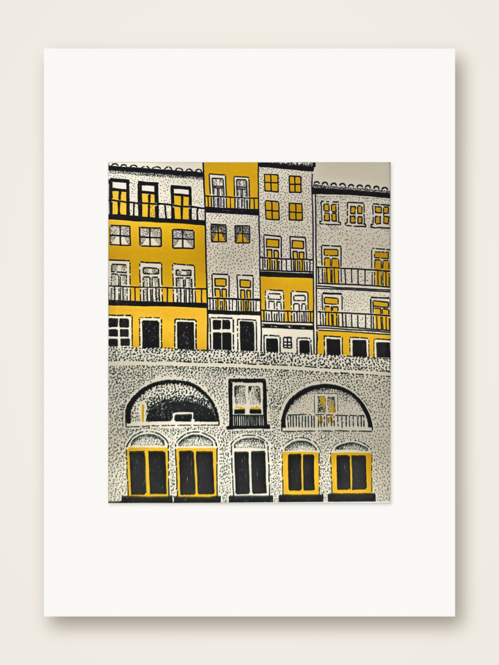 Gaspar Silva art print of layered facades and balconies above stone arches.
