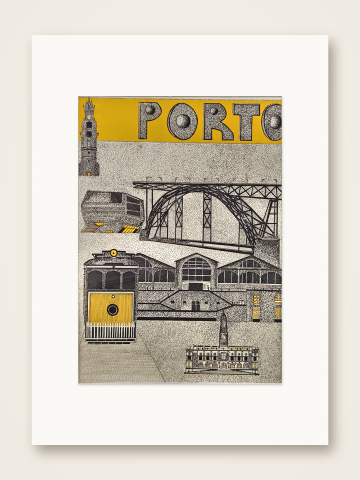 Gaspar Silva art print collage of Porto landmarks, Dom Luís I Bridge and Clérigos Tower.