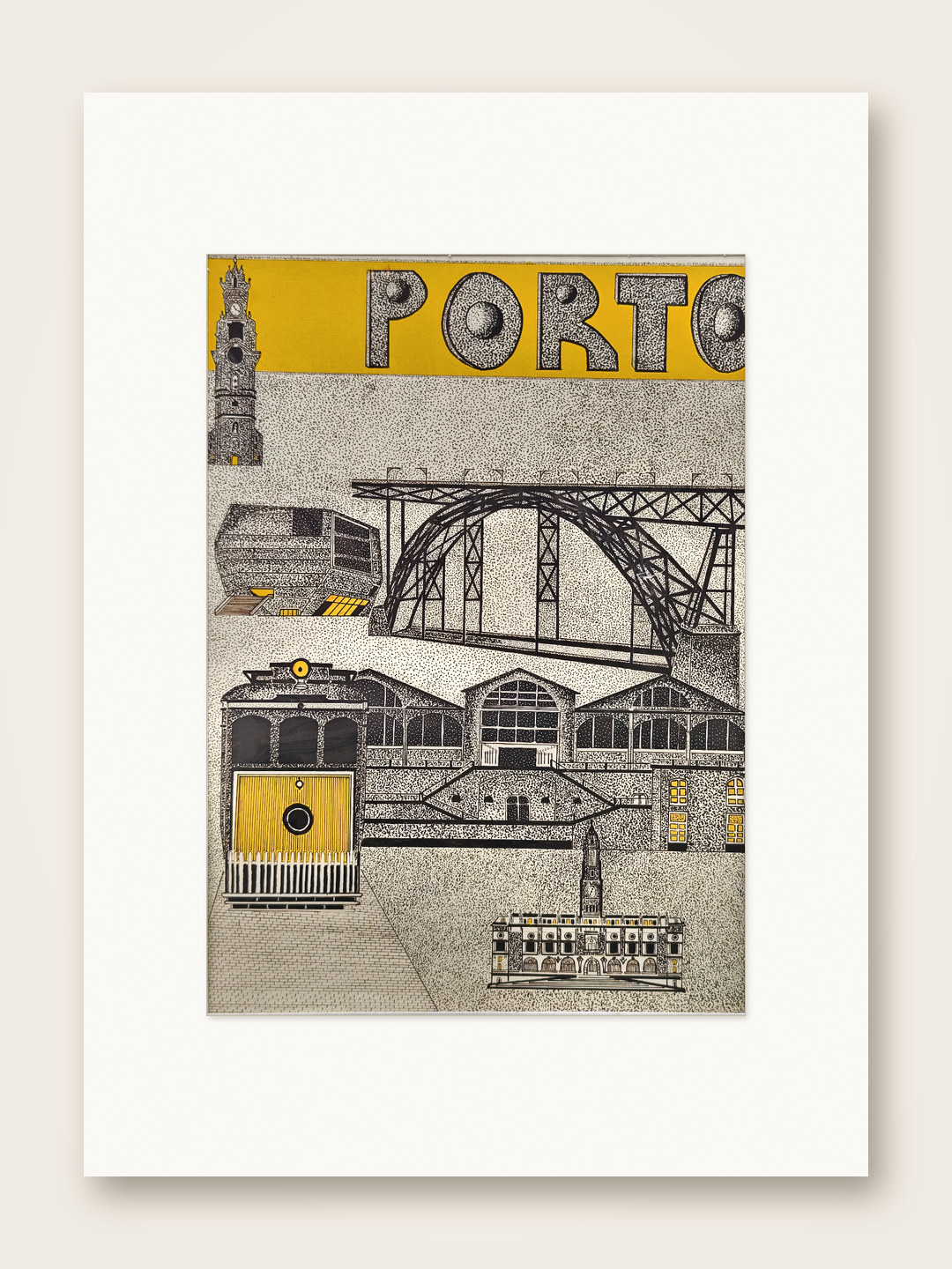 Gaspar Silva art print collage of Porto landmarks, Dom Luís I Bridge and Clérigos Tower.