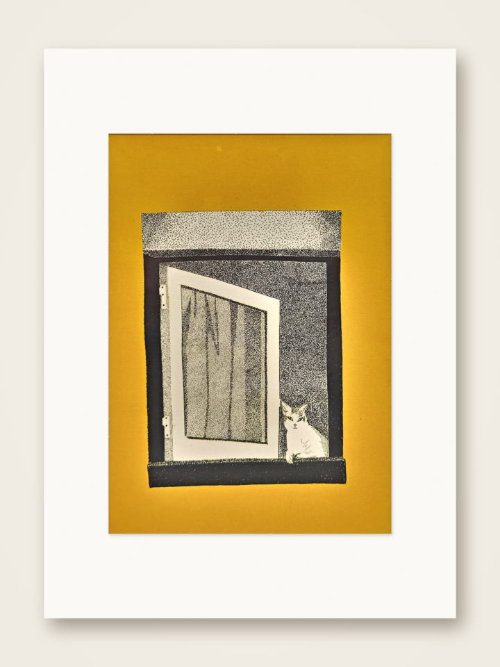 Gaspar Silva art print of a cat peering from behind an open window.