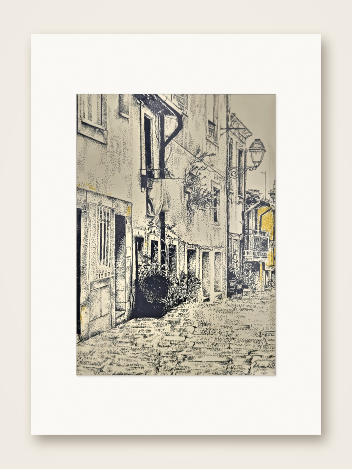Gaspar Silva art print of a wrought lantern in a narrow cobbled old-quarter lane.