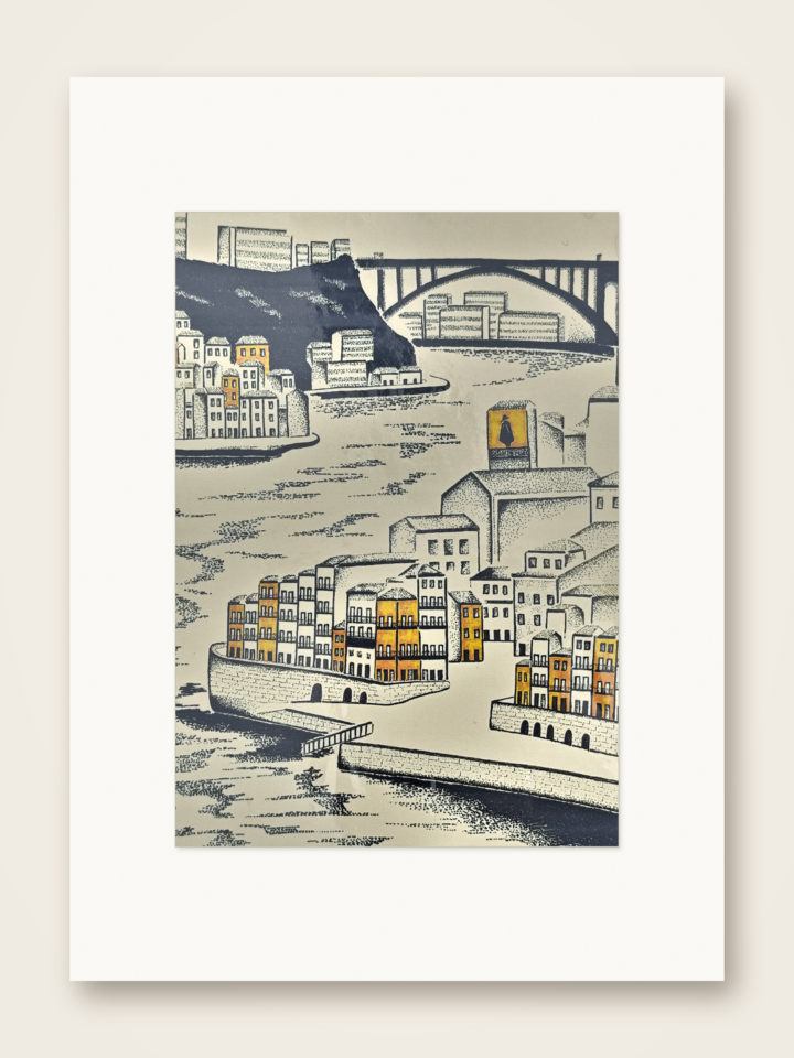 Gaspar Silva art print of Porto and Gaia along the Douro beneath Arrábida Bridge.