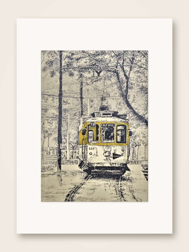 Gaspar Silva art print of Porto tram 18 under trees on the Carmo route.